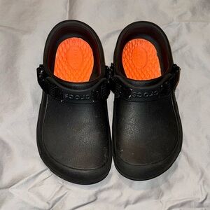 CROCS no skid Black Clogs with Orange Footbed Velcro closure